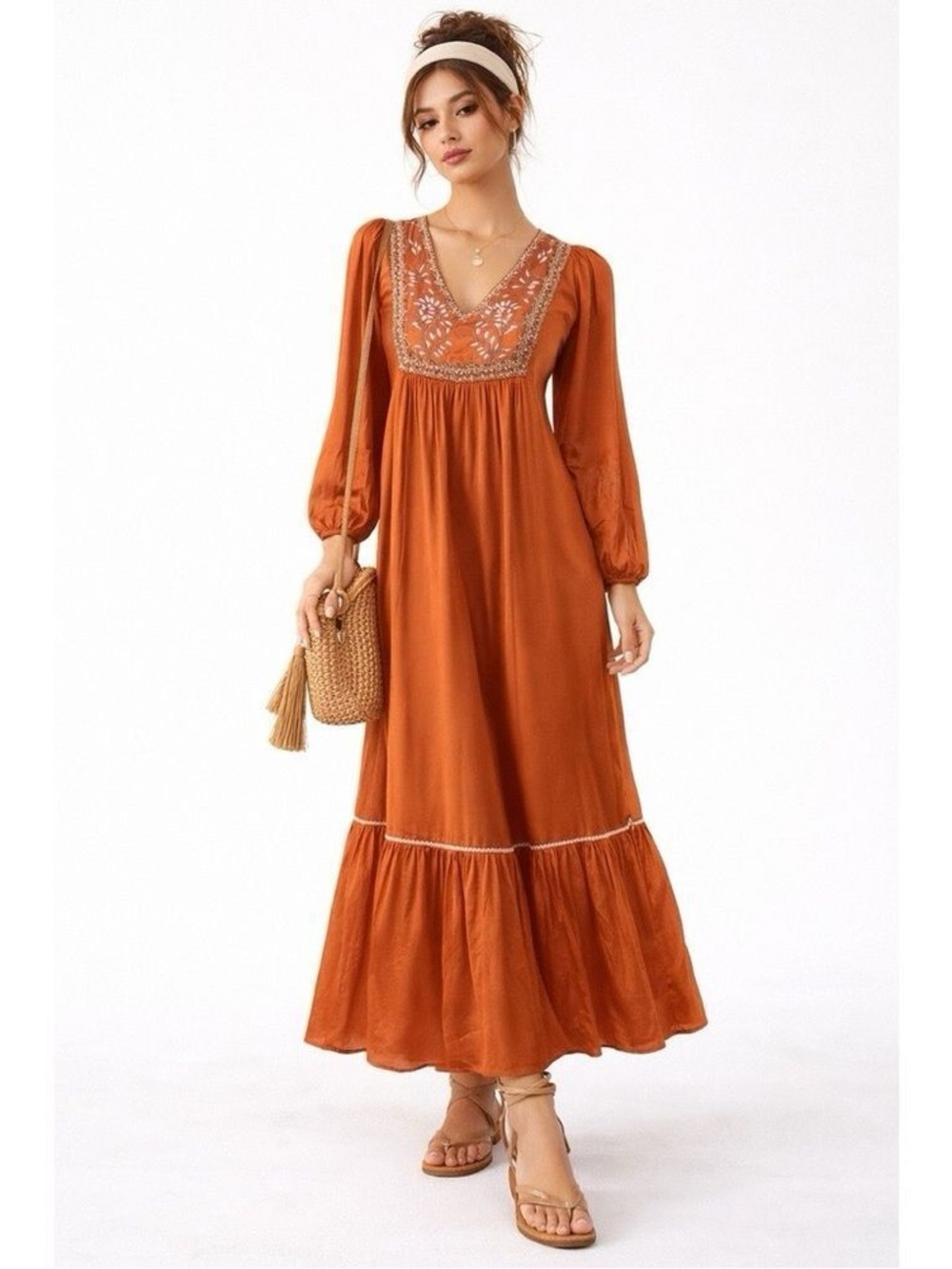 Anthropologie Ex Voto Embroidered V-Neck Hazel Satin Maxi Dress in Burnt Orange
